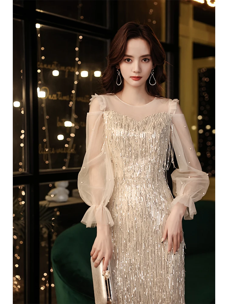 

Ele Gold Evening Dr Long Sve Women's Faion High End Host Annual Conference Winter Adult Ceremony Ball Gown