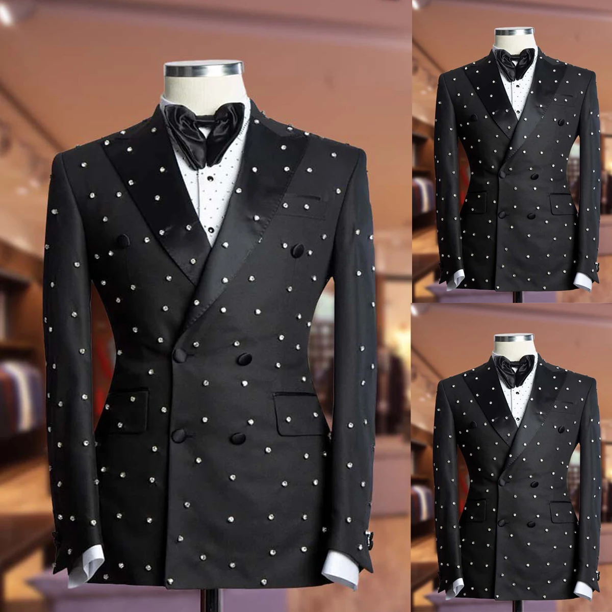 

Black Classic Men Suit 2 Pieces Beading Groomsmen Wedding Tuxedos Set Fashion Men Business Blazer Jacket Pants