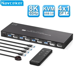 Navceker 8K Displayport KVM Switch 1 Monitors 4 Computers 4K 144Hz 4x1 DP USB 3.0 KVM Switch for 4 PC Share Keyboard Mouse