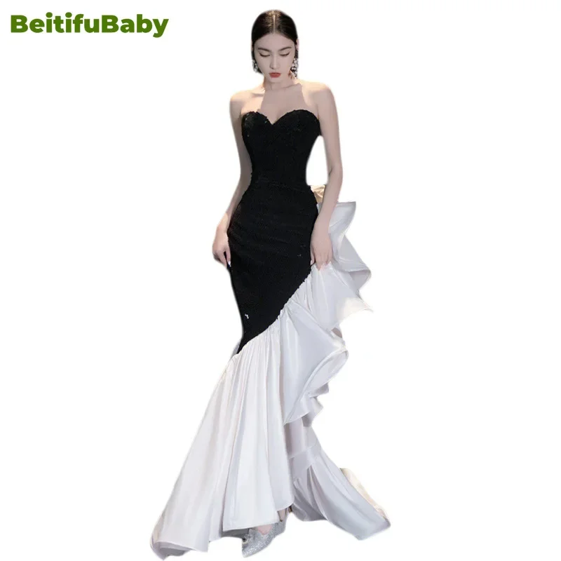 BeitifuBaby French Style Evening Dresses for Women Elegant Strapless Sequins Ruffles Sleeveless Banquet Formal Dress Vestidos