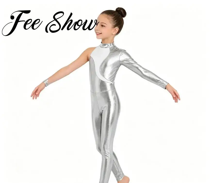 

Girls Metallic Mesh Long Sleeve Jumpsuit Bodysuit Gymnastics Ballet Figure Skating Outfit Set for Professional Stage Performance