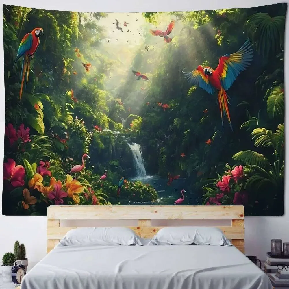 Jungle Bird Tapestry Psychedelic Scene Art Hanging Hippie Boho Aesthetic Room Home Wall Decor Yoga Mat 26Y0610