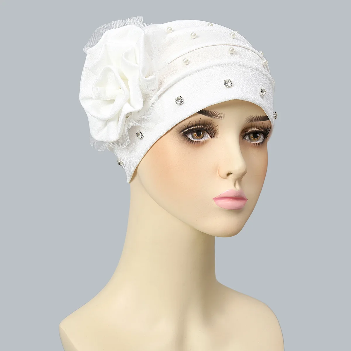 Flowers Muslim Hijab Cap With Drill Mesh Yarn Women Hat Hair Bonnet Head Scarf Wrap  Turban Hat For Women Ladies