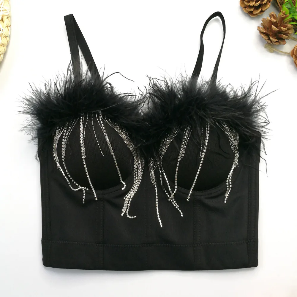 أزياء الهالوين ريشة الطيور الخصر مقصوصة المحاصيل الأعلى الترتر شرابة سلسلة سترة ملابس خارجية الإنتاج الصيني صيف 2025