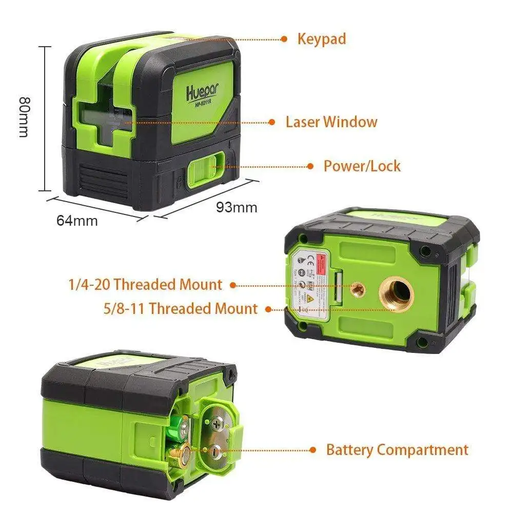 HUEPAR Self-leveling Laser 9211R , Alignment Red 2 Lines 2 Plumb Dots Cross Line Laser Level