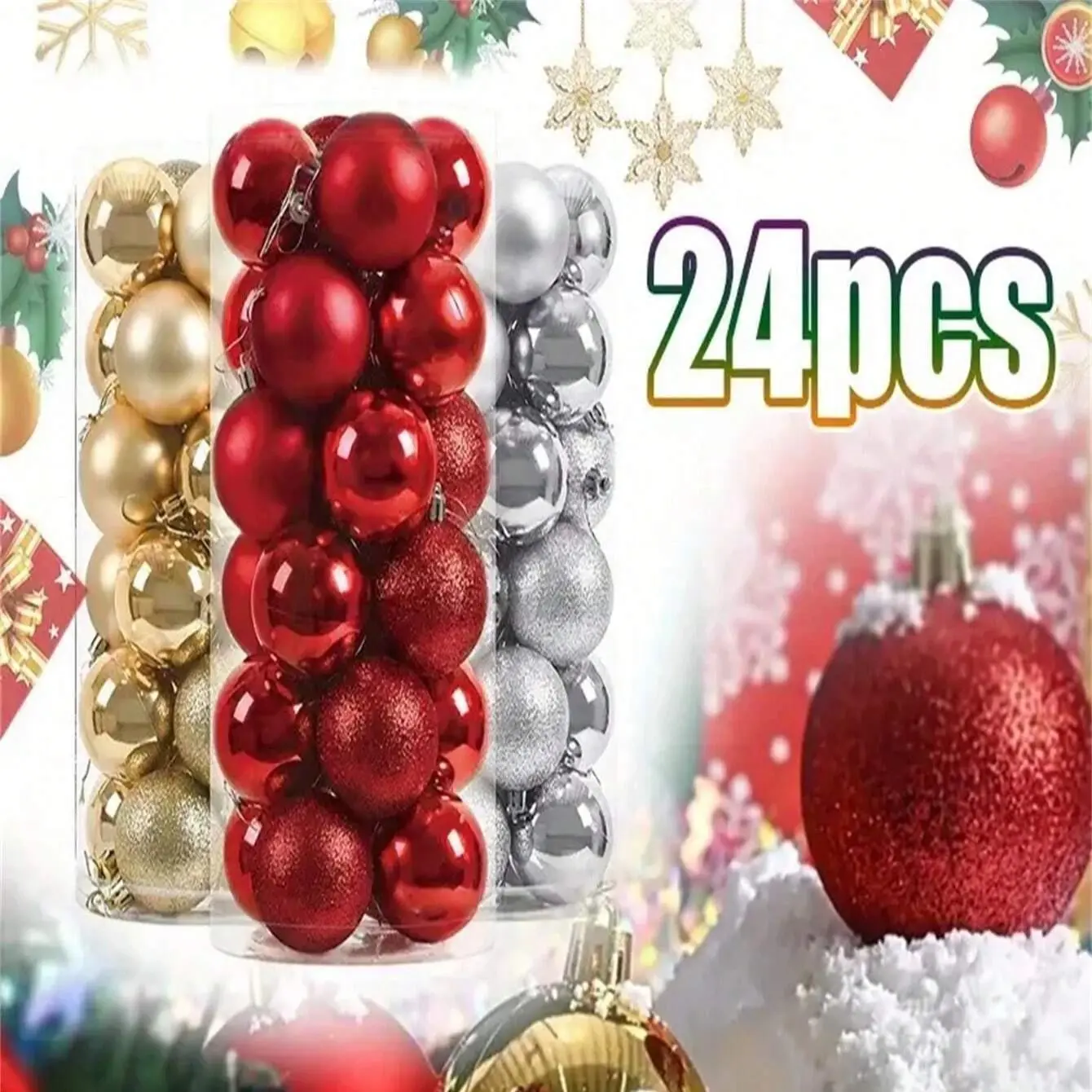 24/Pcs 3/4CM Christmas Ball Ornaments Xmas Tree Hanging Pendant Plastic Gold Red Ball for Wedding Home Party New Year 2025 Decor