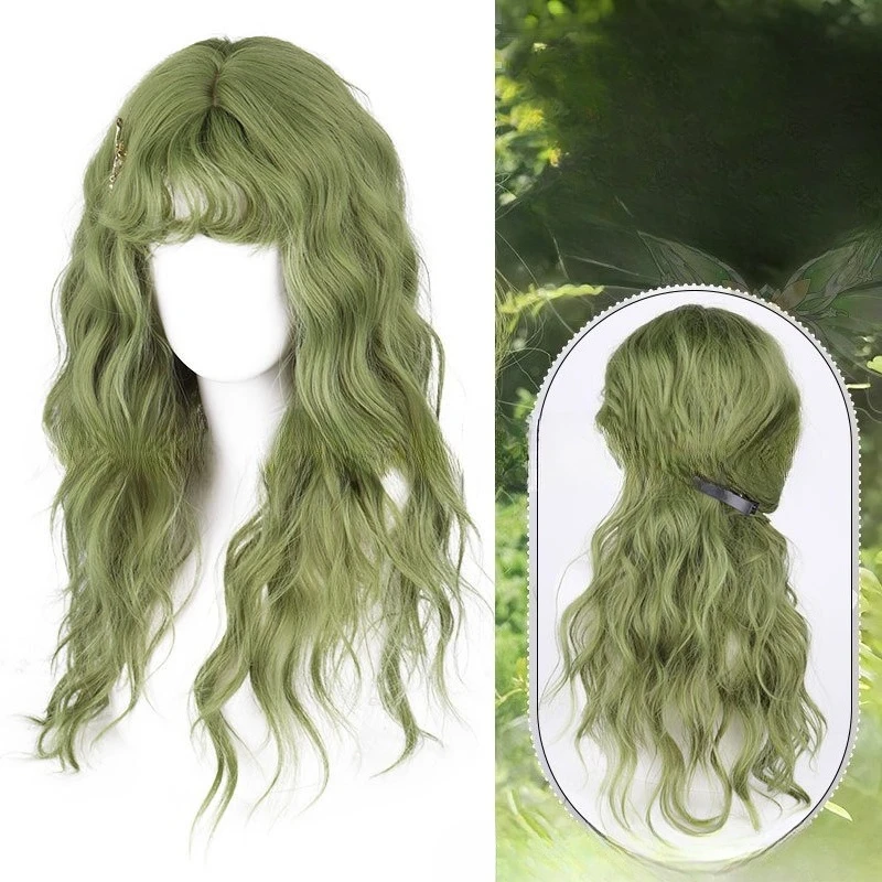 

Hot-selling female Qi bangs big waves long curly hair cos green wig full headgear