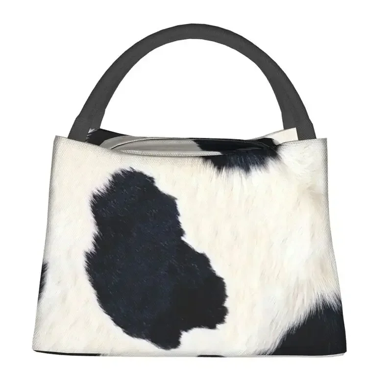 Real Black And White Cowhide Thermal Insulated Lunch Bags Print Women Rustic Cow Faux Fur Skin Leather Resuable Meal Food Box