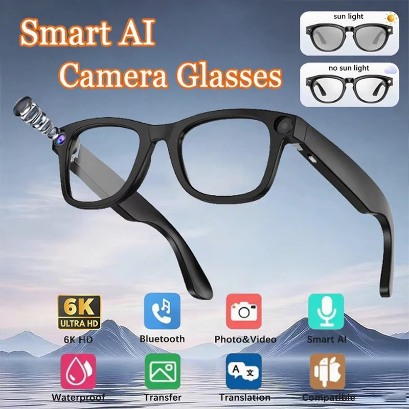 

AI Smart Camera Glasses 6K 800W HD With Long-lasting Battery Voice Assistant Control Calling Music Outdoor Photo-grey Glasses