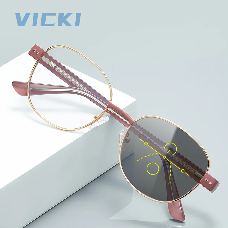 VICKI Minimalist Geometric Design Progressive Multifocal Women's Anti Blue-ray Photochromic Eyeglasses Customizable Prescription