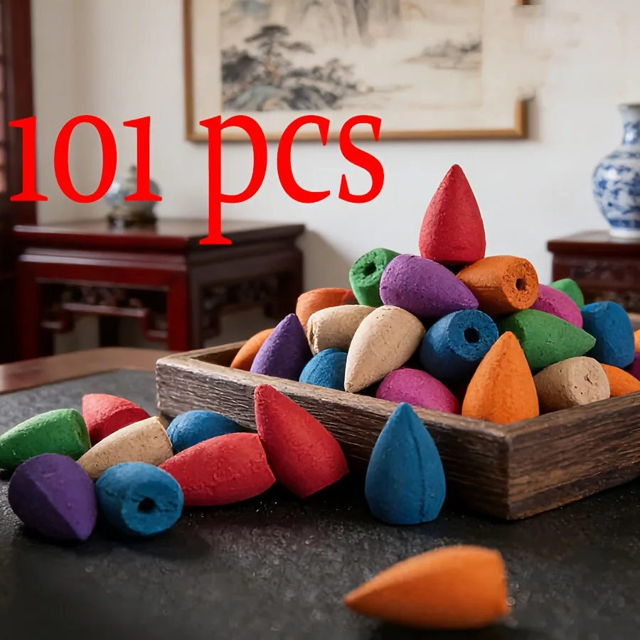 101 High-Quality Natural Backflow Incense Cones, with a Mix of 9 Fragrances Including Jasmine, Lemon, Lavender, Lemongrass, Tulip, Mint, Green Tea, Agarwood, Rose, Etc., with a Rich Aroma, Long-Lasting Burning, Creating an Aesthetic Smoke Effect, Suitable for Air Purification, Meditation, Yoga, Reading, Etc.