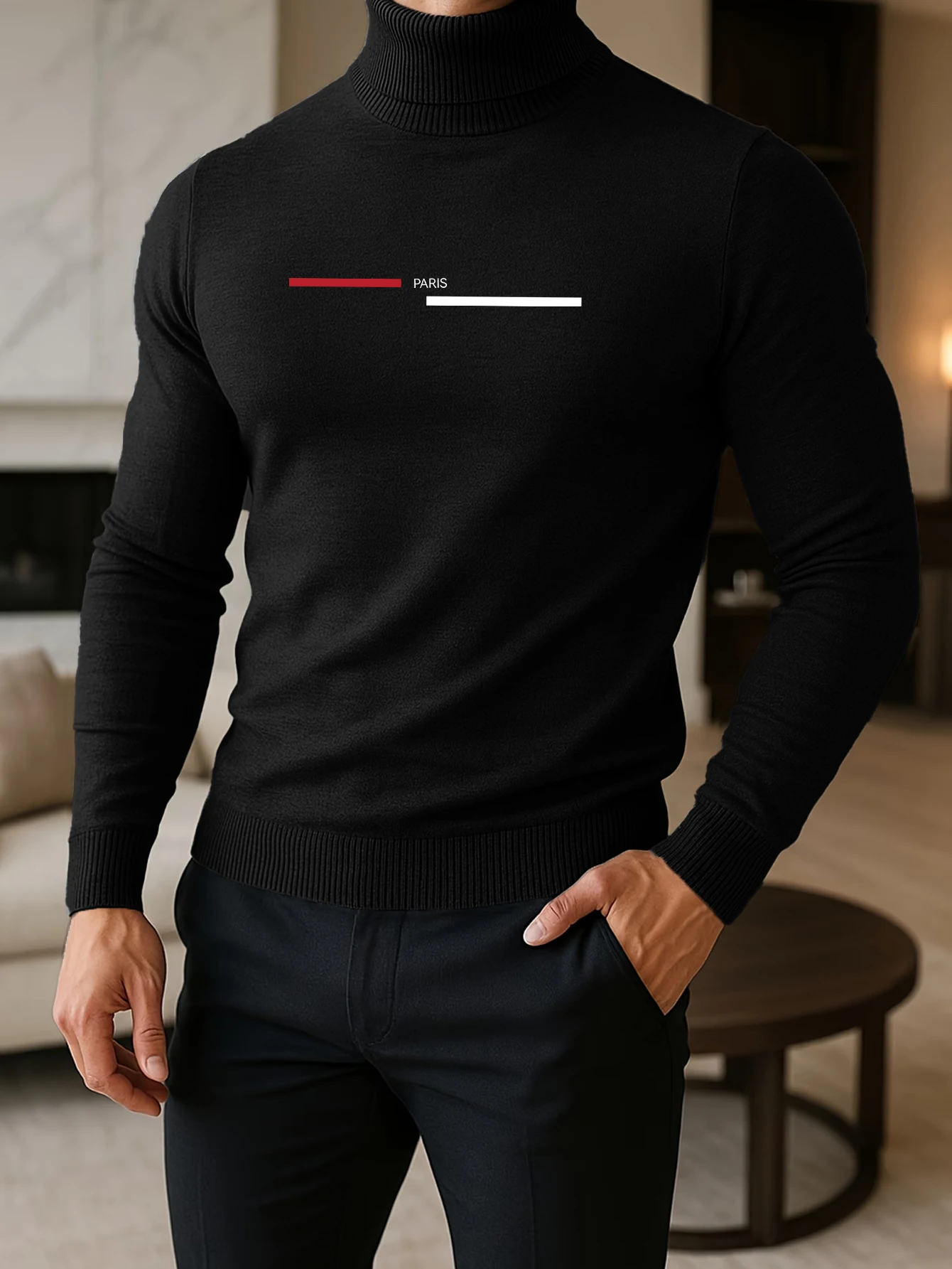 Herren Slim Fit Rollkragenpullover, Minimalistischer Paris-Linien-Brustdruck, Warmer Langarm-Pullover für Herbst und Winter, Business-Casual-Jumper – Detail 3
