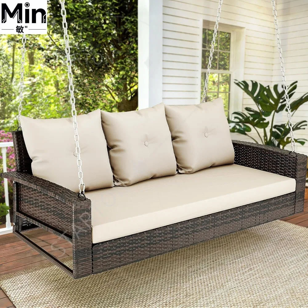 Wicker Rattan Hanging Porch Swing Chair with 3 Back Cushions Outdoor Patio Garden Swing Chair for Backyard Balcony