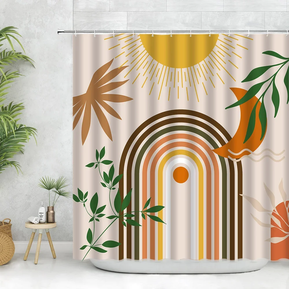 Abstract Neutral Leaves Simple Bathroom Shower Curtain Mid Century Sun Minimalist Modern Polyester Fabric Decor Bathroom Curtain