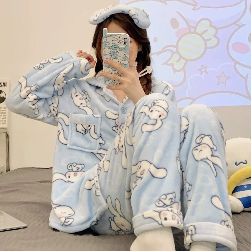 Sanrio Cinnamoroll Kuromi Anime Ladies Flannel Pajamas Cartoon My Melody Pochacco Winter Thickened Warm Loungewear Two-piece Set