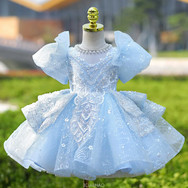 Blue Girls Birthday Party Dress Princess Pageant Gown Kids Piano Recital Outfit Flower Girl Wedding Host Performance Formal Wear