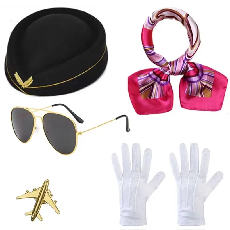 ชุดเครื่องแต่งกายแอร์โฮสเตสสไตล์วินเทจสุดหรู - ชุดแต่งกายสายการบินสุดคลาสสิกพร้อมหมวก ผ้าพันคอ แว่นกันแดด และถุงมือ