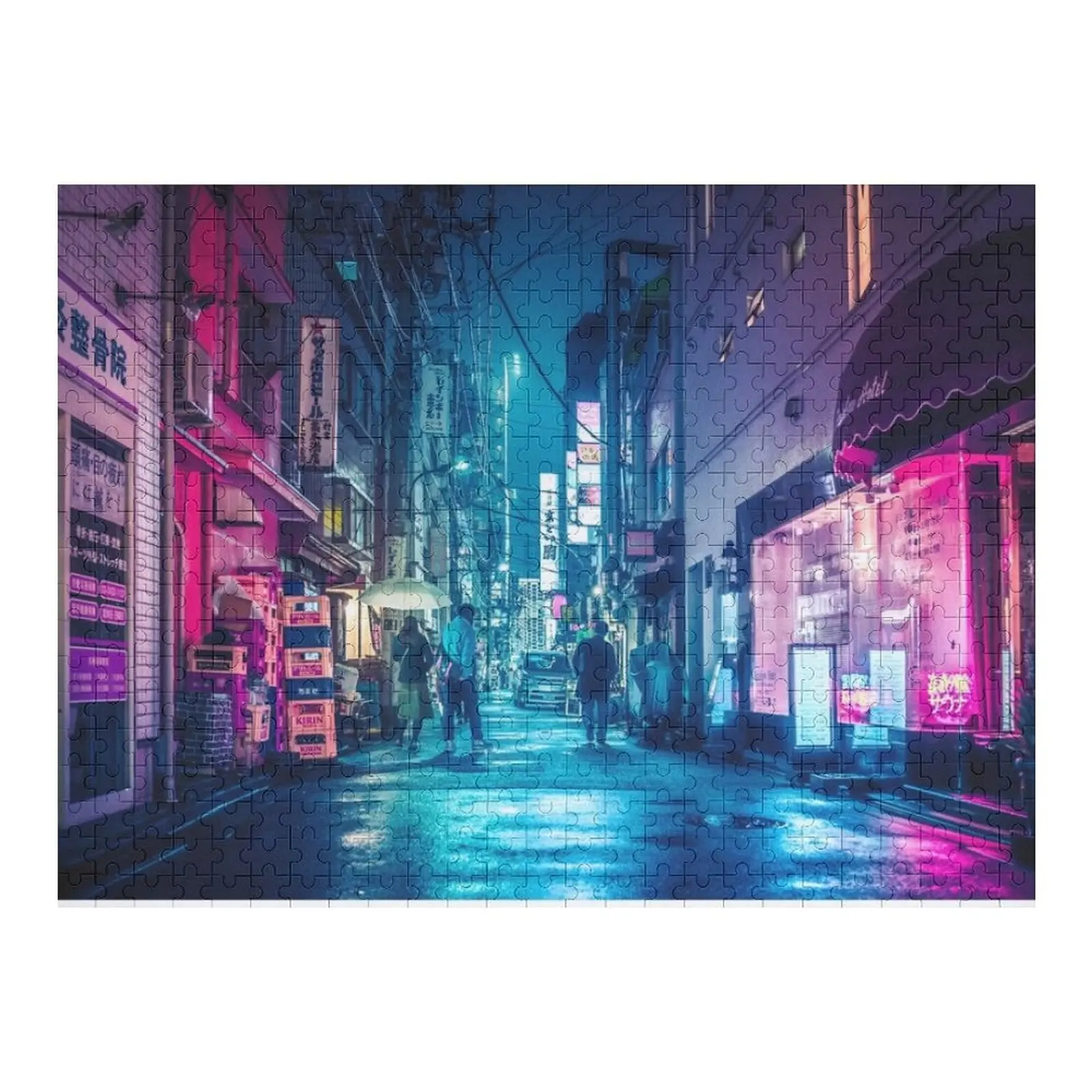 

Tokyo Midnight Rain Pink and Blue aesthetic neon lights. Jigsaw Puzzle Animal Custom Wood Puzzle