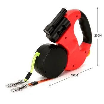 Durable Double Dog Leashes Automatic Retractable Nylon Lead Extension Puppy Walk Roulette with Light Fidget Toy Poop Bag Case 5
