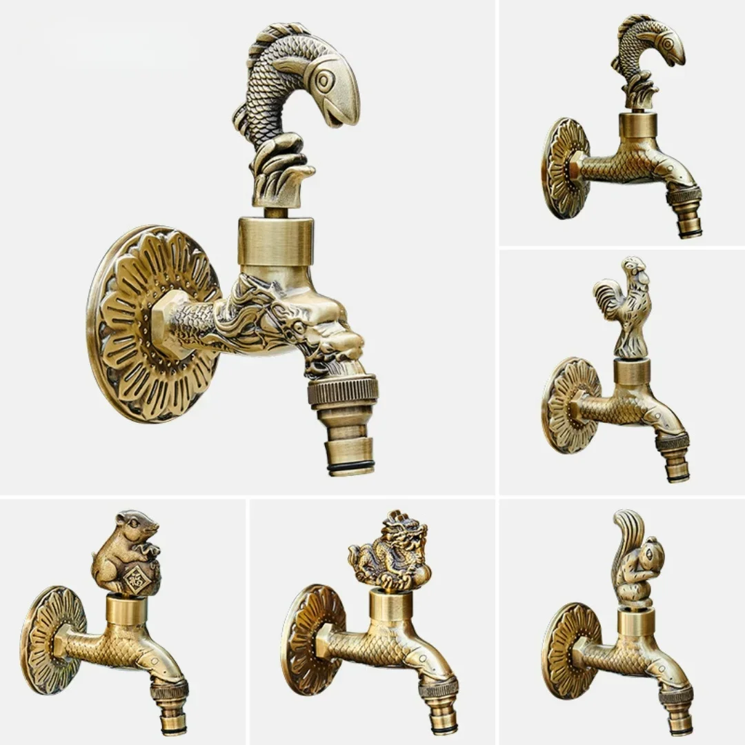 Tuqiu Washing Machince Faucet Garden Bibcocks Tap Antique Brass Dragon Carved Washing Machine Faucet Outdoor Faucet Cold Tap