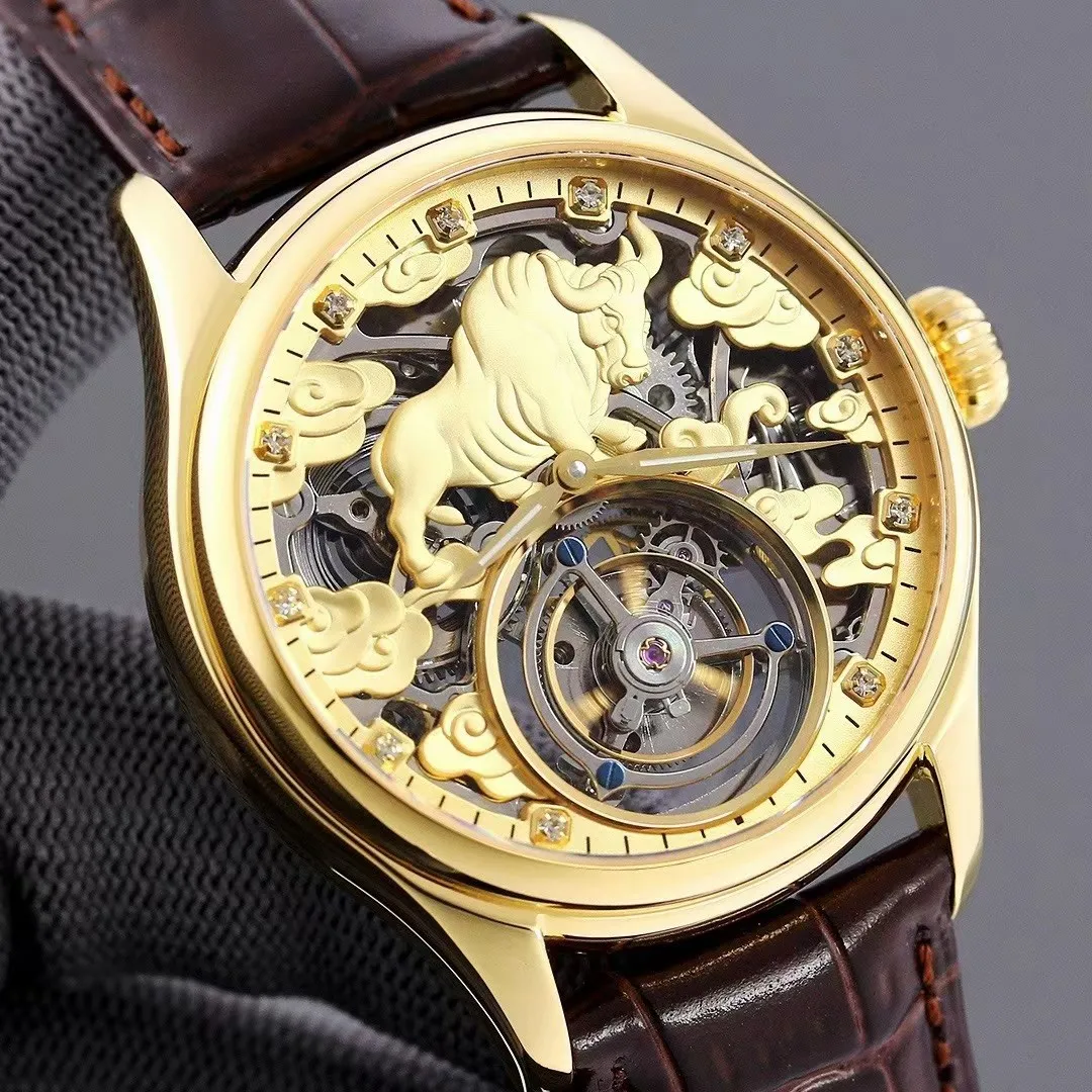 SEAKOSS 42mm orologi Tourbillon da uomo in vera pelle meccanico impermeabile a mano orologio da polso a vento di fascia alta scheletro dorato mucca