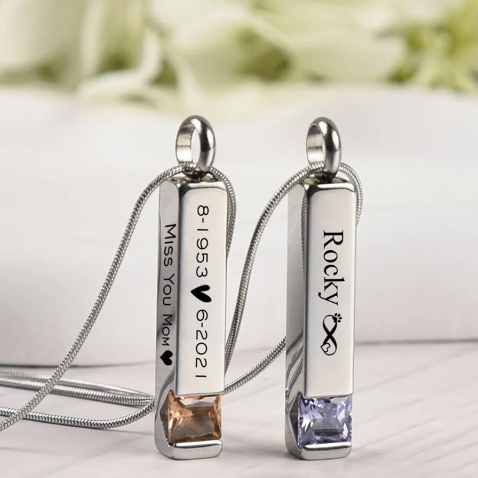 Personalized Urn Necklaces for Ashes Custom Stainless Steel Bar Cremation Necklace Crystal Birthstone Memorial Ashes Necklace