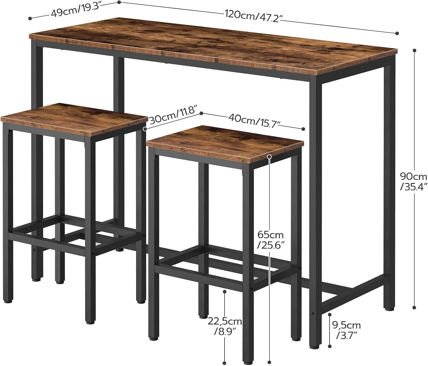 47.2" Rectangular Pub Table with 2 Stools, High Top Dining Set for Small Spaces, Rustic Brown, Easy Assembly