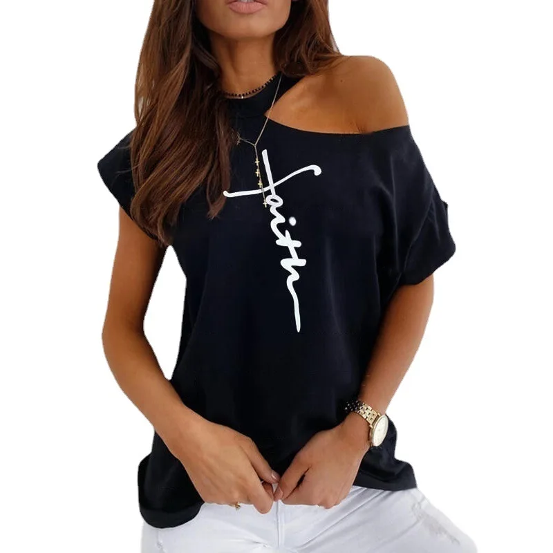 Printed T-shirt Women S-3XL Size Ladies One-shoulder Letter Tops Summer Loose and Cute T-shirt Fashion Top Women Strapless Sexy