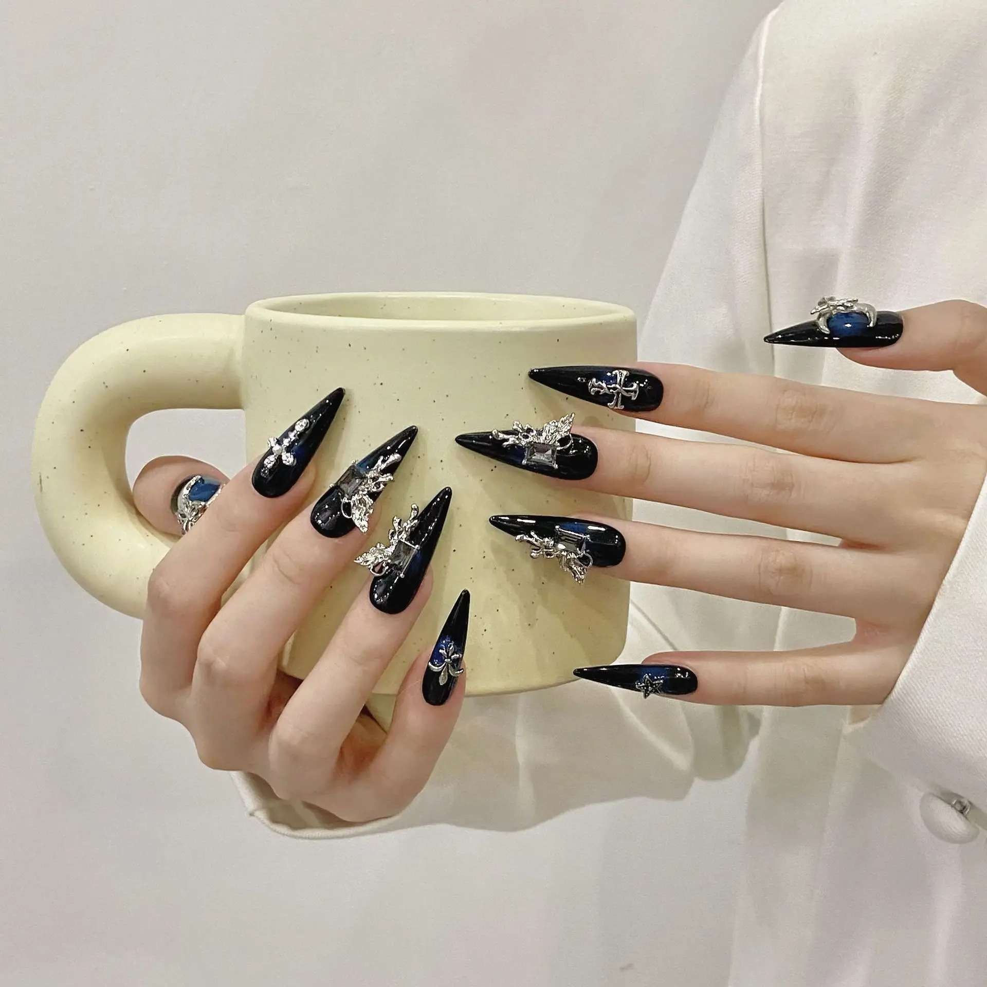Nocturne Cyan Cyber Gothic Press On Nails Extra Long Stiletto Black-Cyan Gradient Mirror Metal Cross Rivet Thorn Rhinestone Heav