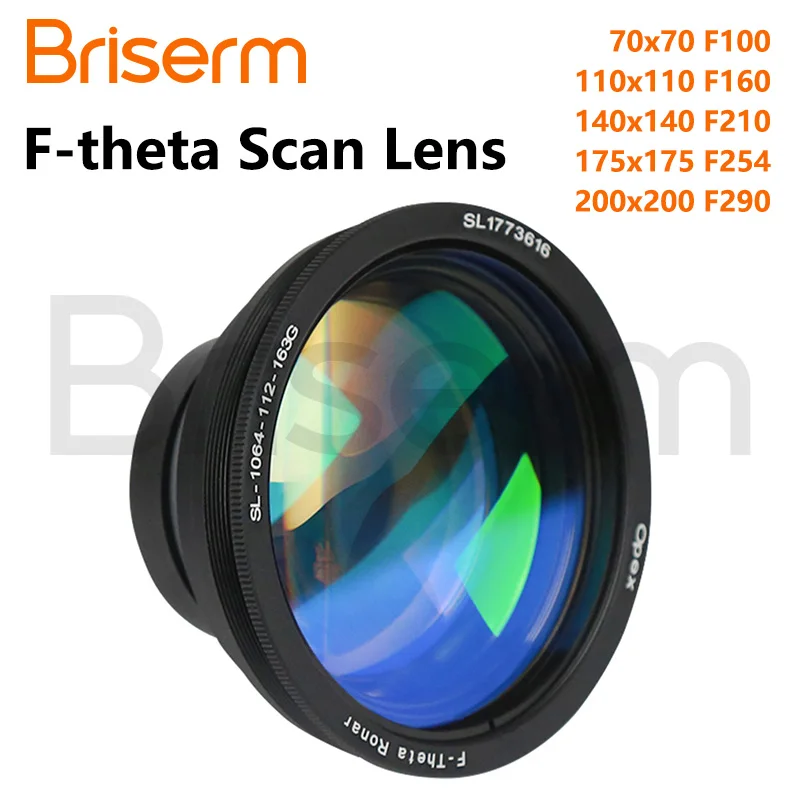 Briserm-lente de escaneo f-theta, 1064nm, 70x70, F100, 110x110, F163, 160x160, F120, 200x200, F290, lente de campo para sistema Galvo láser de fibra YAG