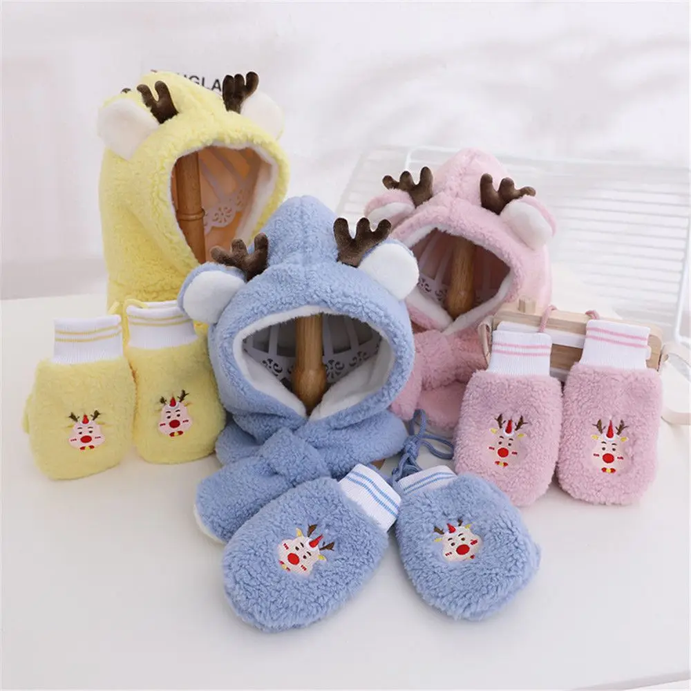 2Pcs/set Autumn Winter Cartoon Christmas Antlers Xmas Gift Hats Gloves Set Thick Baby Hat Scarf Gloves Warm