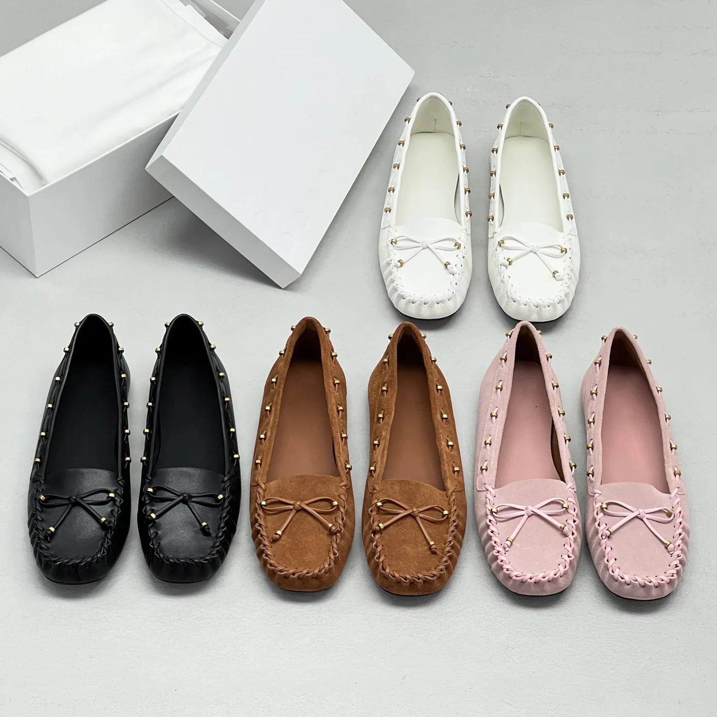 Withered Minimalist Women's Shoes French Bow And Bean Shoes Women's Flat Bottomed Loafers Lazy Shoes Rivet Casual Ballet Shoes