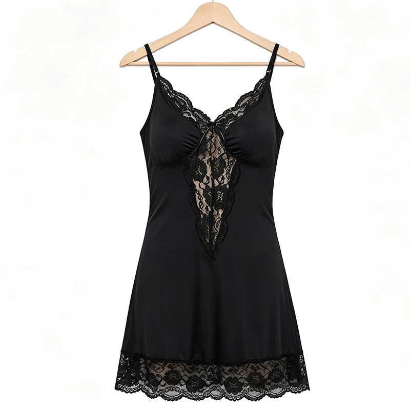 Sexy Large Size Loose Deep V Lace Lace Erotic Sling Home Sleep Dress Female Strapless Beauty Back Suspenders Black Nightgowns