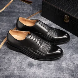 Classic Genuine Leather Men's Oxford Shoes Handmade Pointed Toe Checkered Lace-Up Formal Business Dress Shoes for Wedding Party