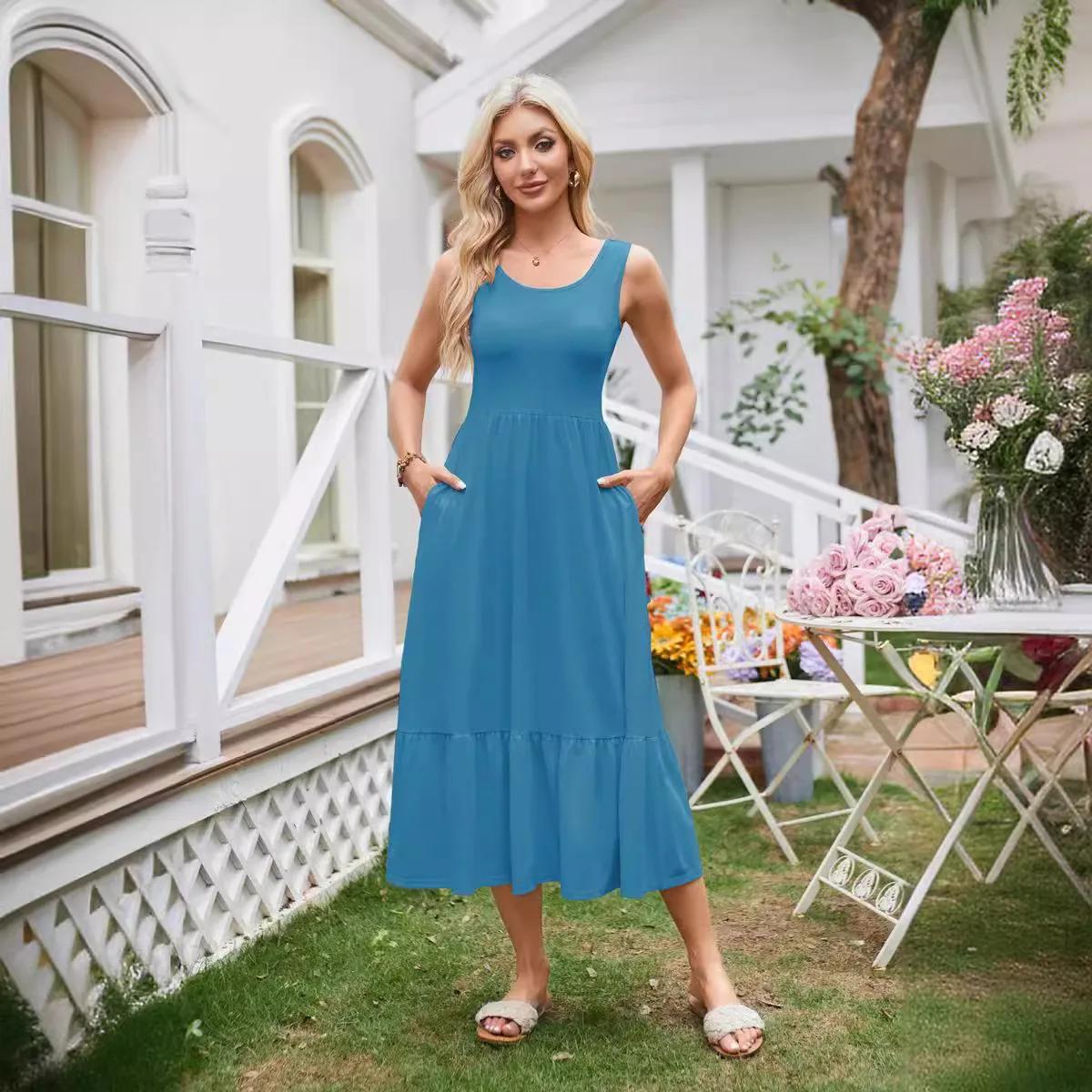 2025 Dresses For Women Summer Casual Summer Beach Party Pleated Maxi Dress Women'S Square Neck Pleated Swing Dress With Pockets