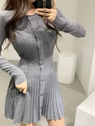 Chic Retro Fashionable Slimming Knitted Base Dress Skirt Sweet round Neck Long Sleeve A-Line Short Dress for Autumn Winter
