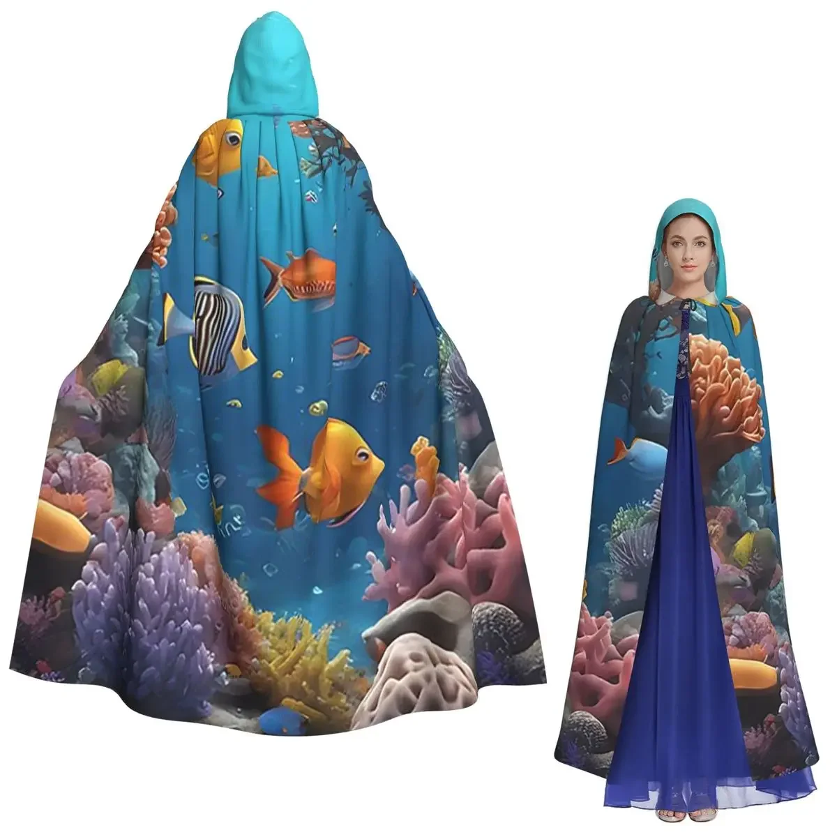 

Underwater World With Coral Reef Tropical Fish Long Hooded Cloak Witch Medieval Costume Cosplay Cape HalloweenParty Adult Unisex