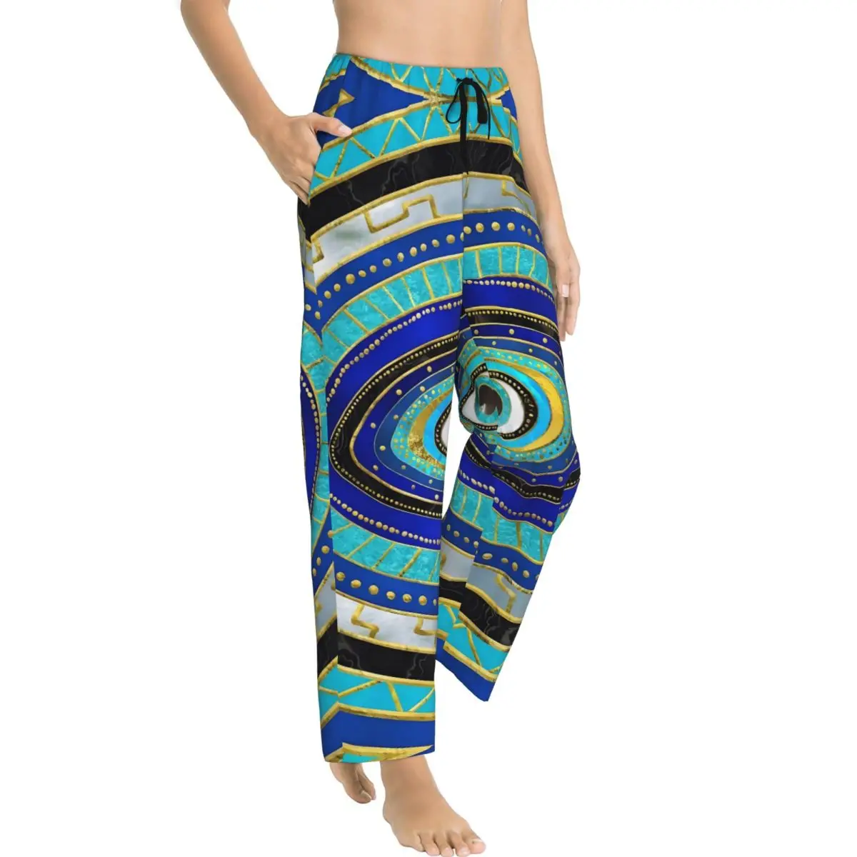 Damskie spodnie do spania z motywem Nazar, ochrona przed złością, amulet, elastyczne, z kieszeniami.