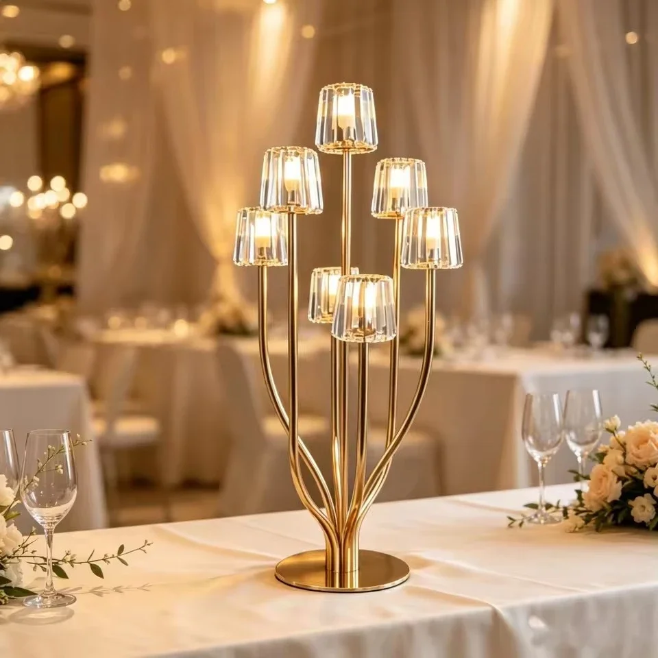 2pcs Luxury Gold Crystal Tree Candelabra, Tall Wedding Table Centerpiece, Banquet Dining Table Candle Holder Decoration