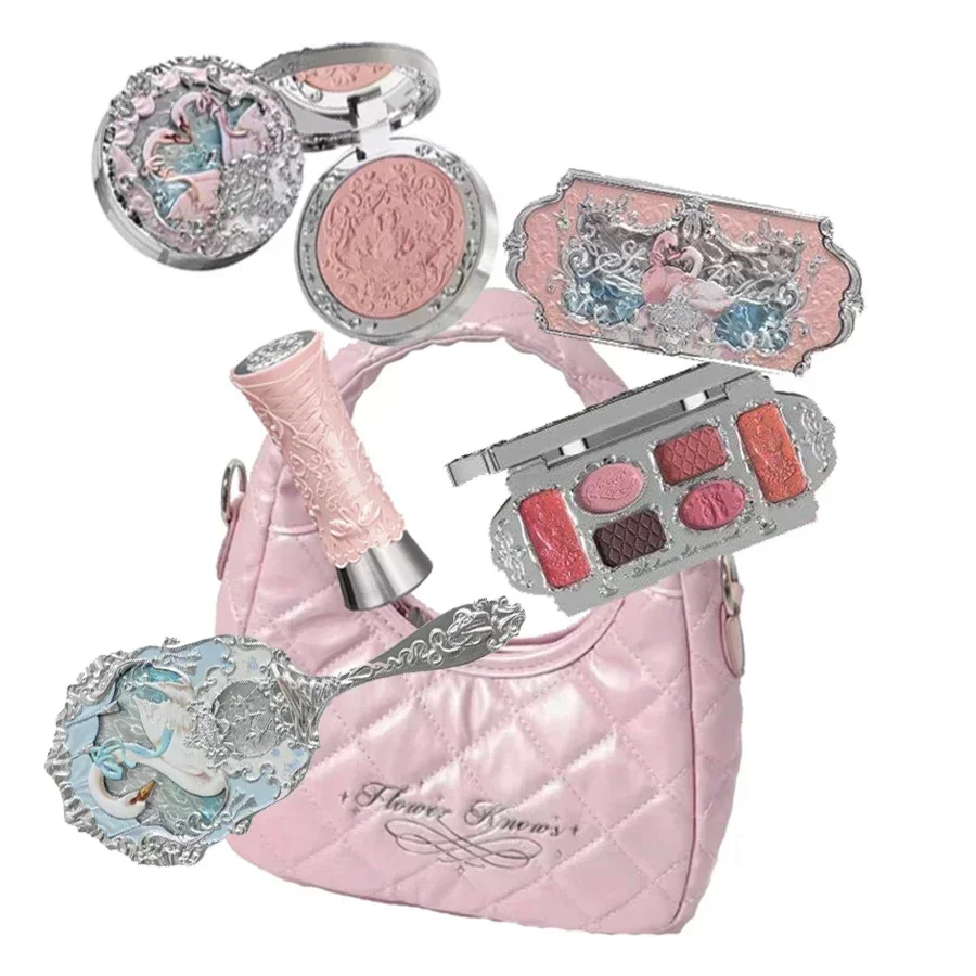 makeup-set-flower-knows-swan-ballet-series-six-color-eyeshadow-palette-embossed-blusher-shine-lipstick-kit-maquiagem-with-bag