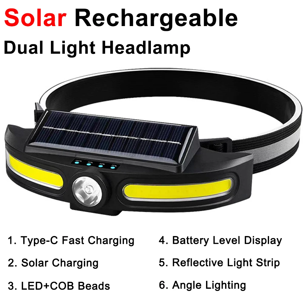 

Solar LED Headlamps Dual Light Source Power Display Rechargeable Waterproof Outdoor Lighting Searchlight Headlight Flashlight