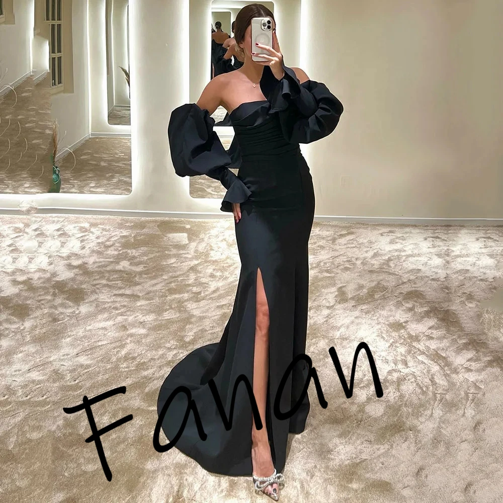 فستان سهرة Yipeisha بسيط بدون حمالات مخصص من الجيرسيه وأكمام منتفخة للحفلات سويب تراين جانبي بفتحة متوسطة رسمية Pr #3