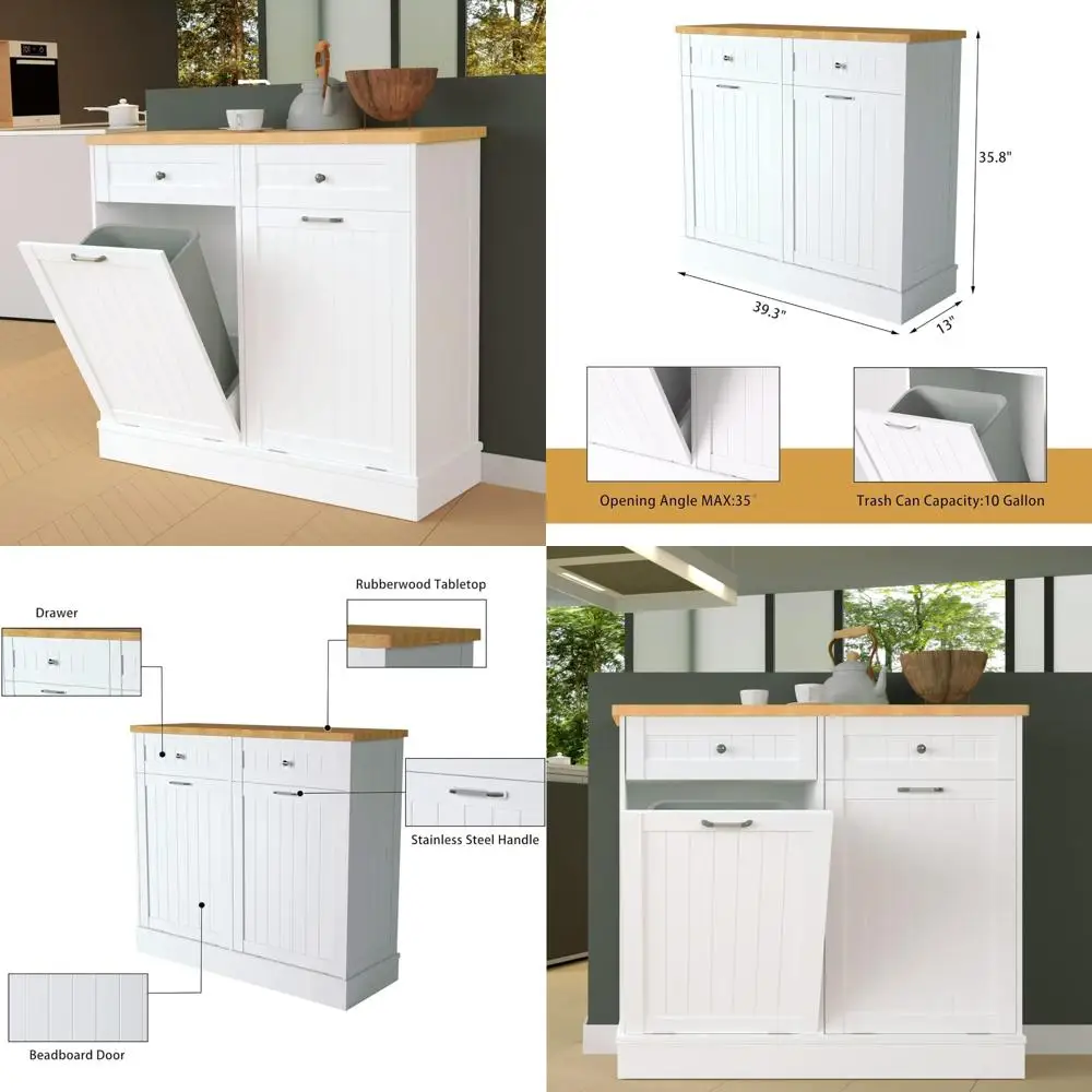 

10 Gallon Wooden Free Standing Laundry Sorter Cabinet with Hideaway Drawer and Recycling Bin, Tilt Out Trash Feature for Better