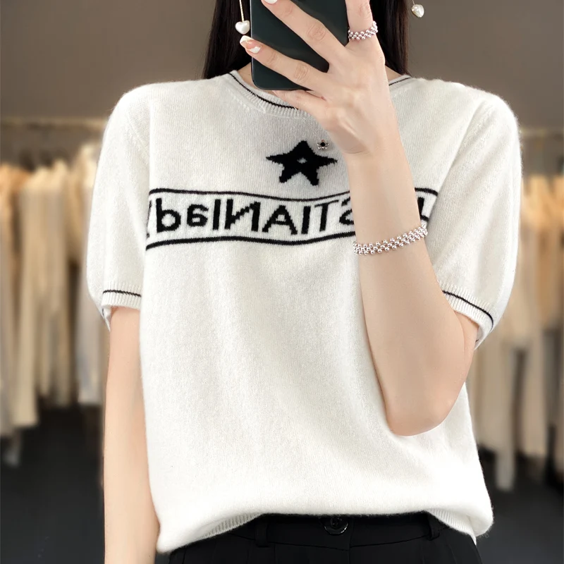 Spring Summer New Woolen Sweater Women\'s Round Neck Pullover 100% Pure Wool Loose Printed Western Versatile Knitted Half Sleeves