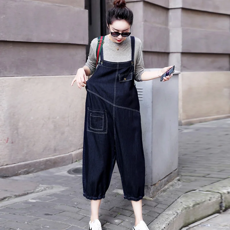 

Свободные джинсовые комбинезоны с широкими штанинами для женщин, весна-осень, новинка, корейский стиль, большие размеры, утягивающие, с высокой талией