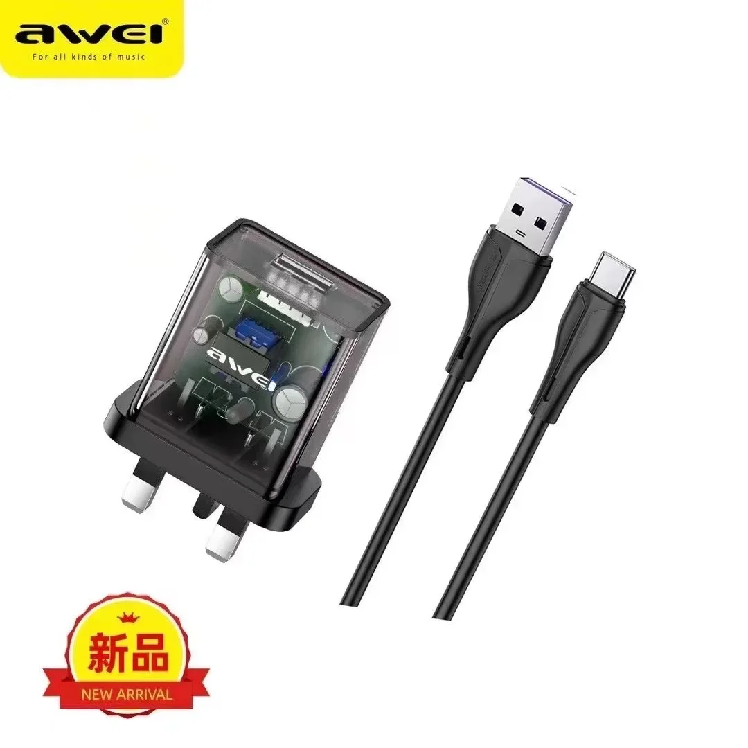 Awei الولايات المتحدة/المملكة المتحدة التوصيل محول شحن السفر الصغير مع كابل شحن 1 متر لنظام التشغيل iOS وأندرويد الهاتف المحمول شاحن شحن سريع 2023NEW