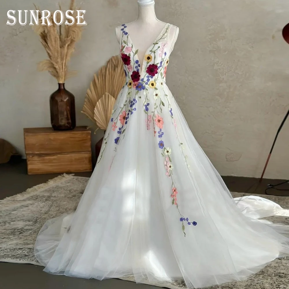 SUNROSE Colorful Embroidered Lace Boho Wedding Dresses 2025 V Neck Backless A Line Floral Bridal Gowns for Women Customized