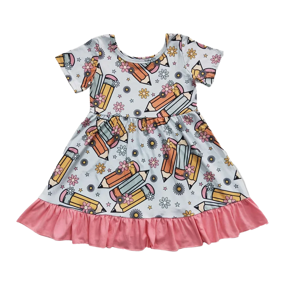 

Girls Pencil Flower Short Sleeve Dress Cute Back to School Dress for Kids