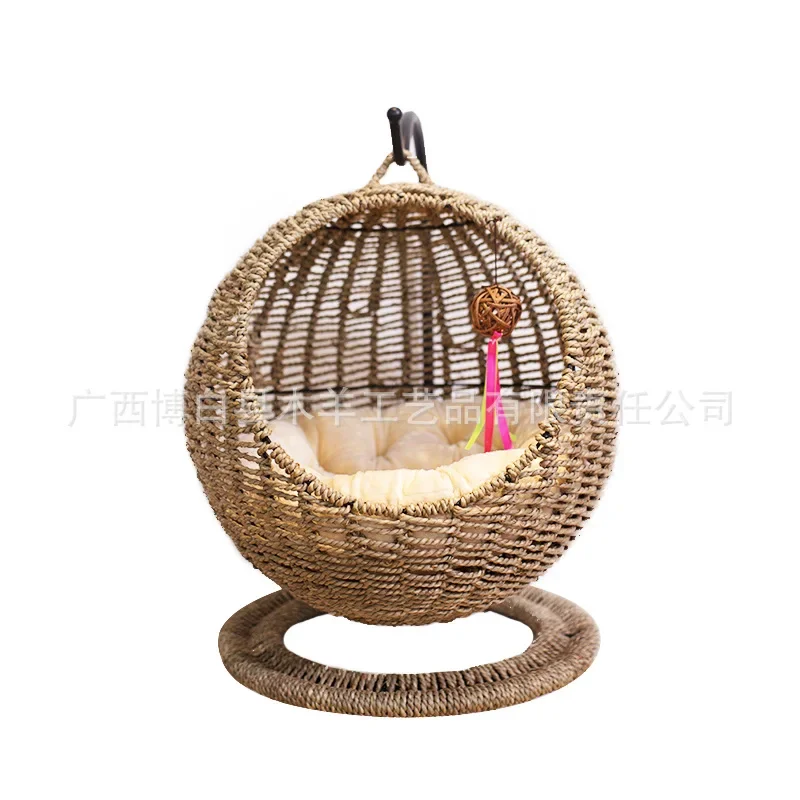 Sea Grass Hand Woven Semi Enclosed Pet Cat Cage Round Scratch Resistant Hanging Basket Rattan Woven Summer Cat Hammock