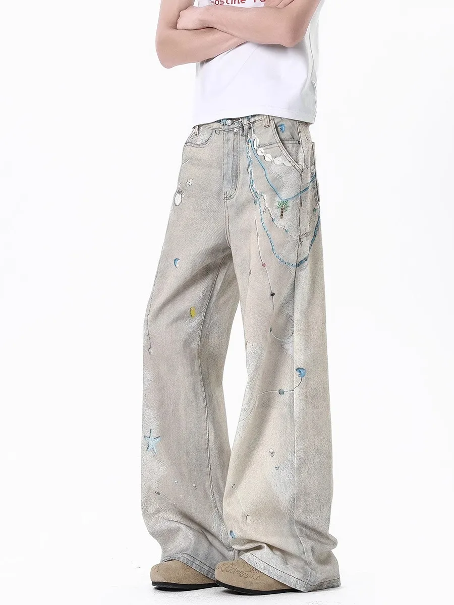 

Мужские джинсы American Sle с принтом-цепочкой, модный брендовый дизайн, прямые, зауженные, винтажные, широкие, длинные брюки